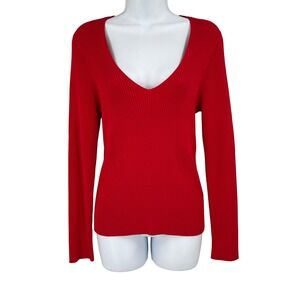 Express Sweater Womens Sz L Red Ribbed V-Neck Long Sleeve Knit Office Preppy